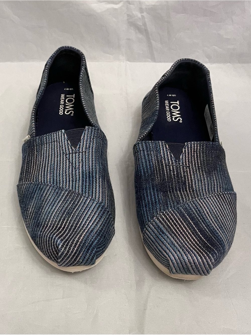 TOMS Blue and White Striped Canvas Slip-Ons
